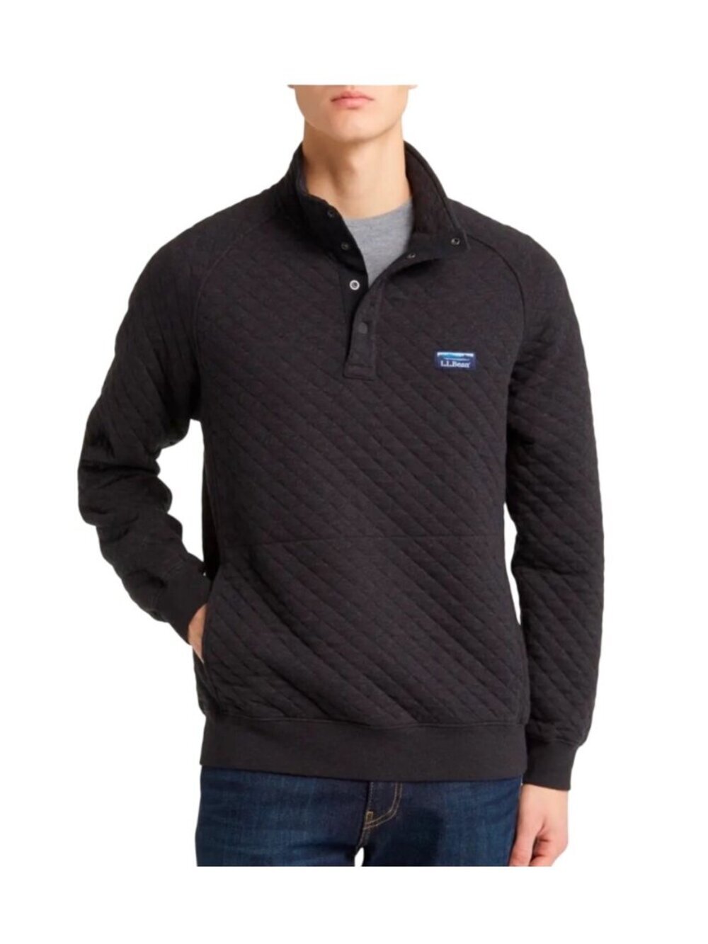 L.L.Bean Quilted Sweatshirt Mens Regular Fit Snap-Front Charcoal Gray Cotton Ble